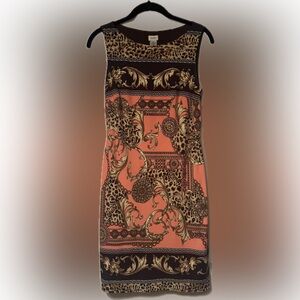 CACHE Sz 6 Sleeveless Sheath Dress Coral Cocoa Leopard Gold Baroque Print